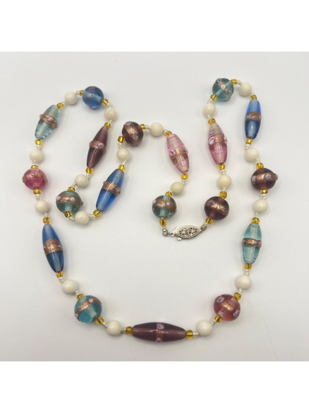Murano Style Bead Necklace Lampwork Multicolor Art Glass Gold Tone 30"